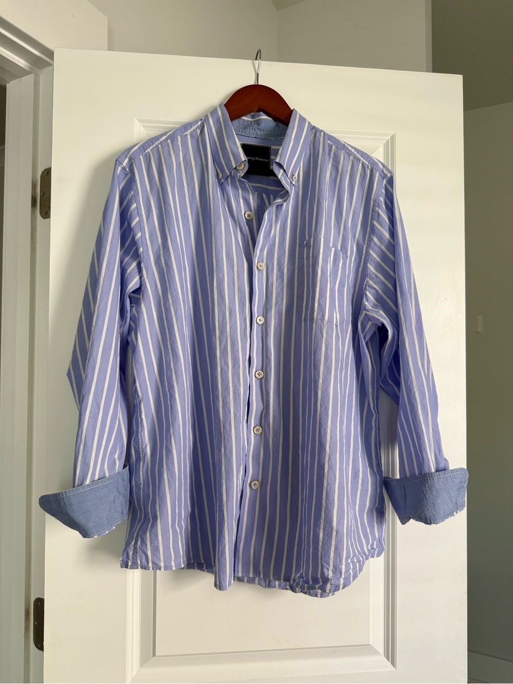 men’s tommy bahama striped 100% pima cotton button down shirt, size large